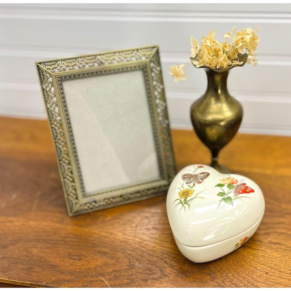Vintage Gift Set, 3 Piece Vintage Trinket Box, Filigree Frame, and Brass Vase